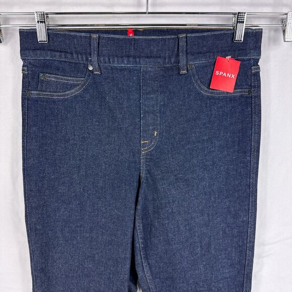 Spanx XL Cropped Kick Flare Jeans Raw Indigo Dark Blue Denim Pull On Stretch - Picture 3 of 11